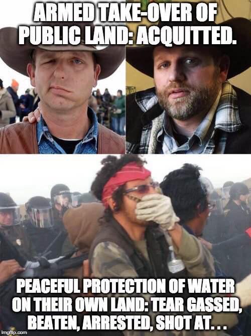 Meme about the Bundy's and Dakota Pipeline protesters. 