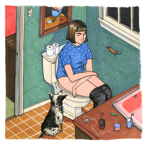 woman on toilet with dog by Sally Nixon