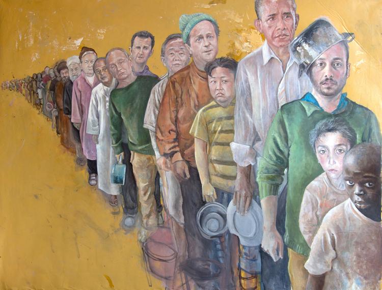Syrian artist depicts world leaders as refugees.