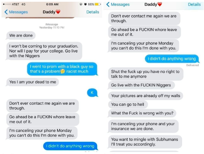 A text message conversation between Anna Hayes and her father, who expressed racism toward her prom date.