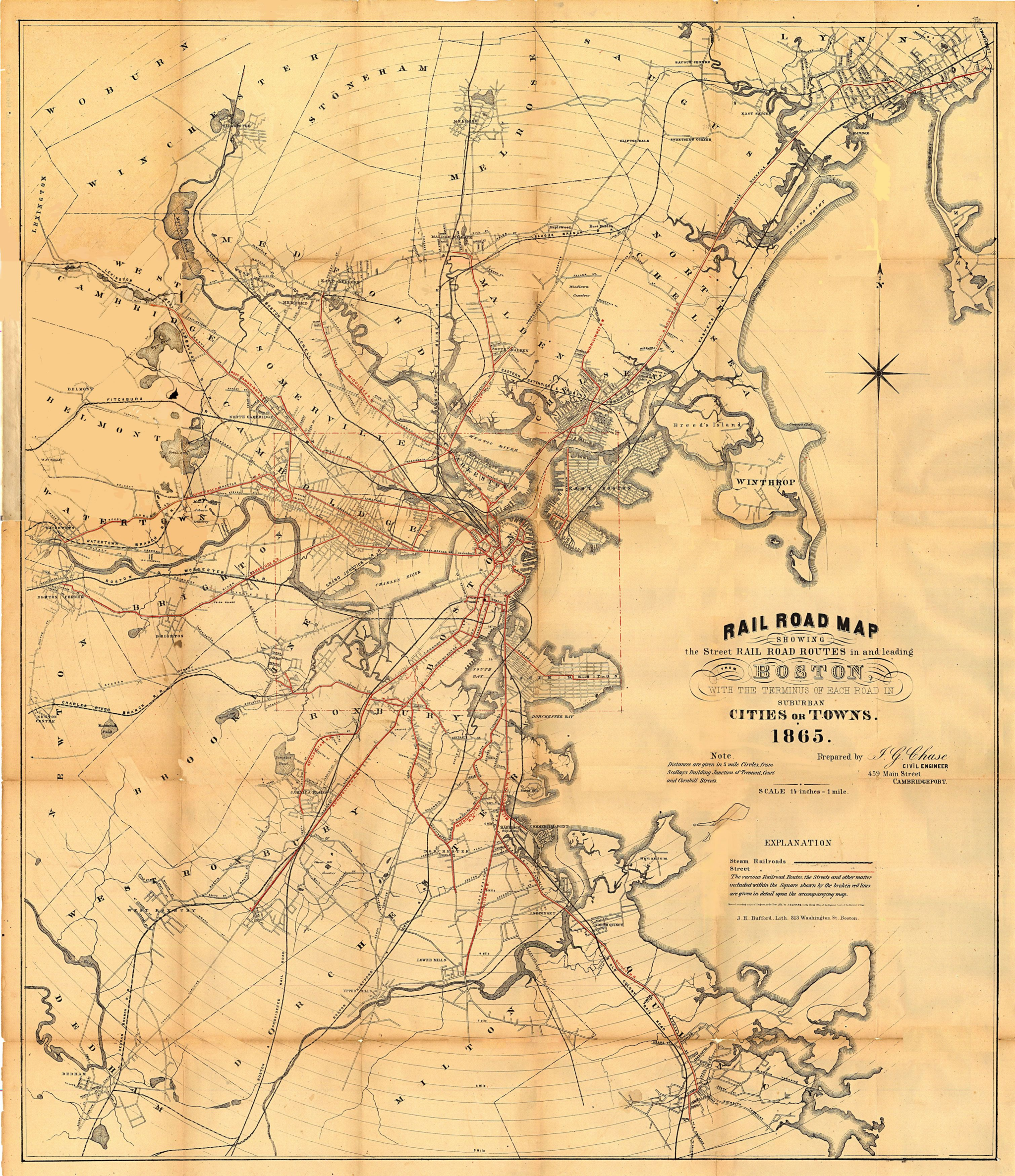 Boston's roadways for horsecars and rail in 1865.