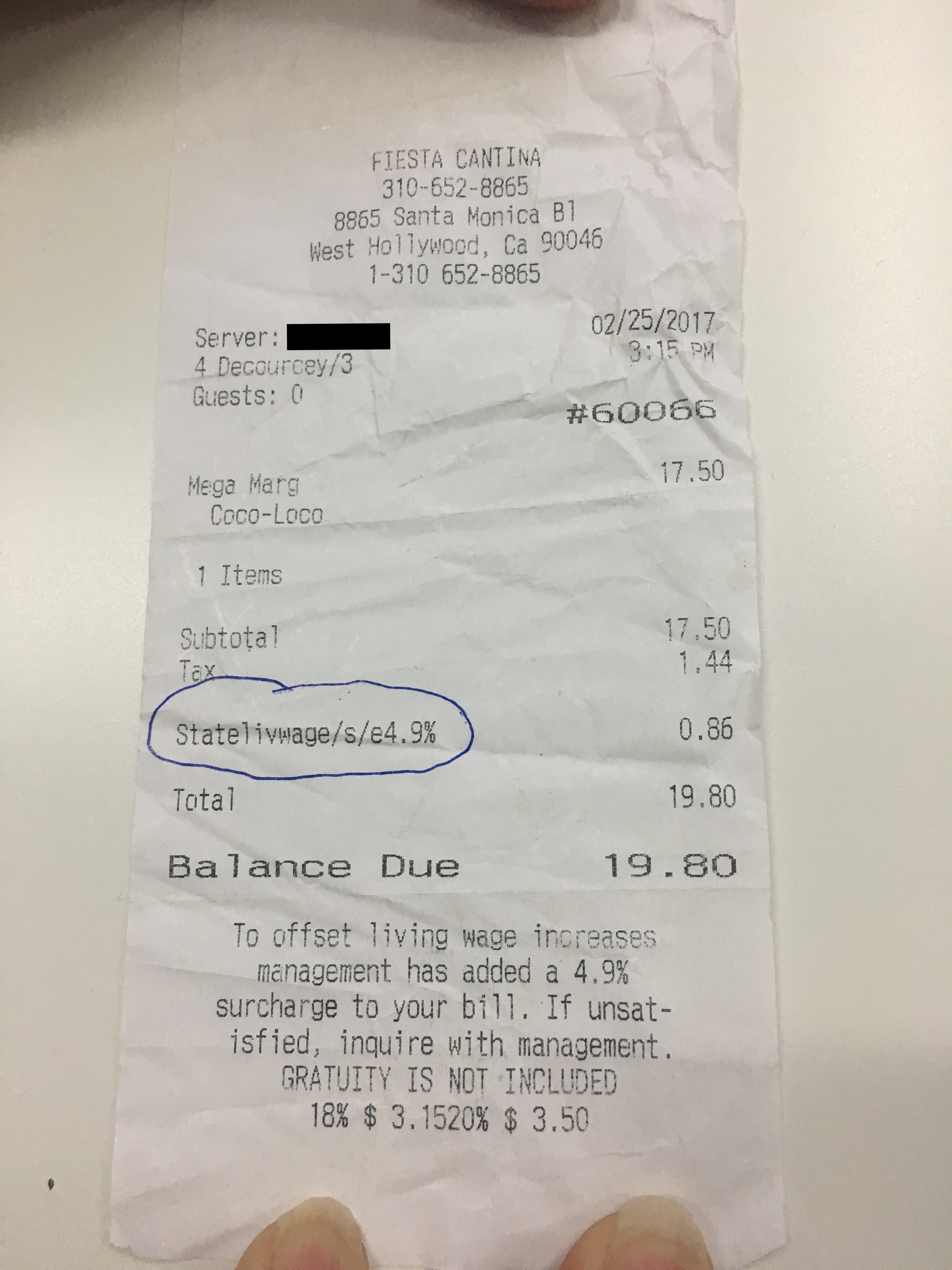 A receipt from Feb. 25 at Fiesta Cantina in Los Angeles. 