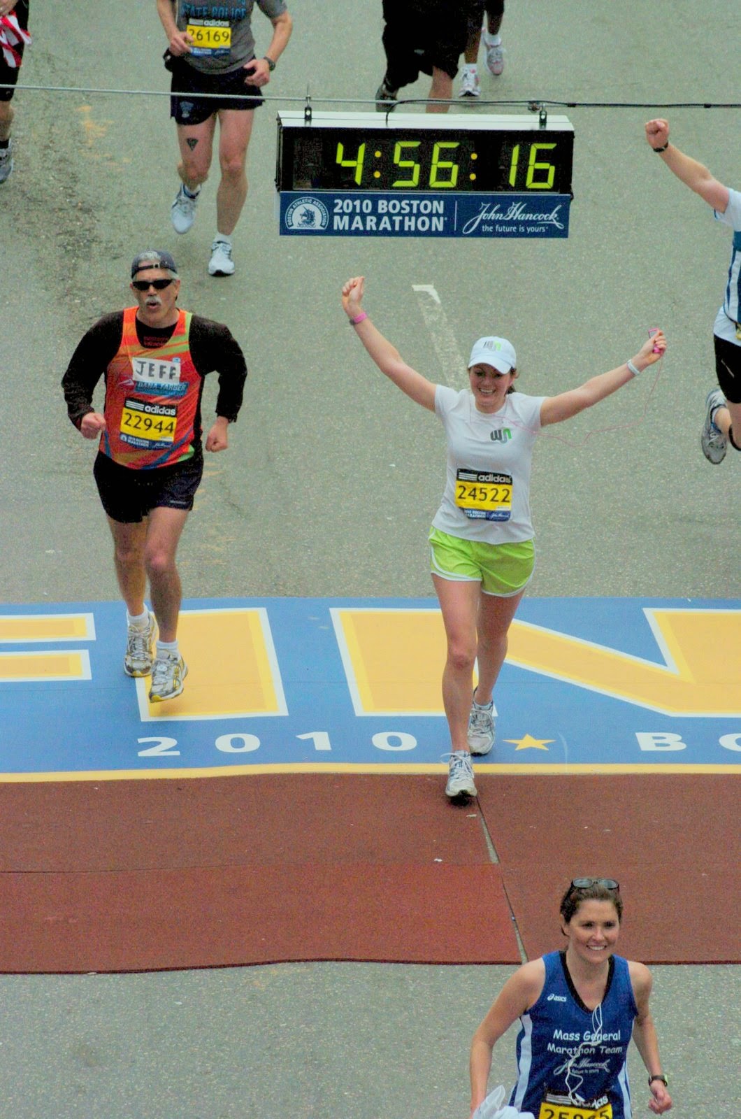 Julie Flygare finishing the Boston Marathon. 