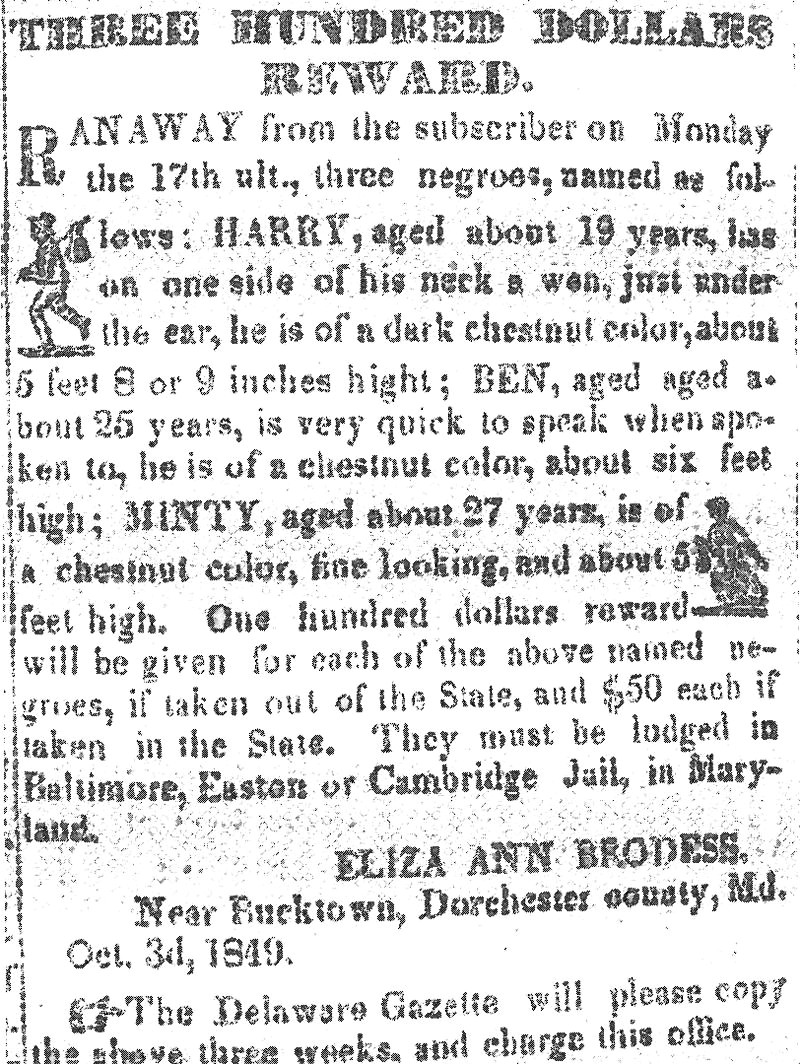 "Notice of a reward for return of 'Minty' (Araminta, Tubman's birth name)"