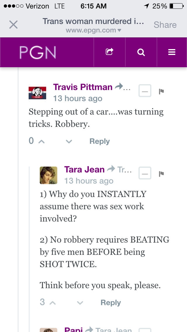 Online comment showing common victim blaming response to transgender deaths. 