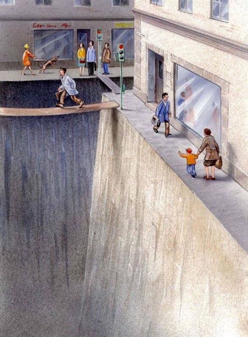 Karl Jilg's illustration of how unfriendly cities are for pedestrians.