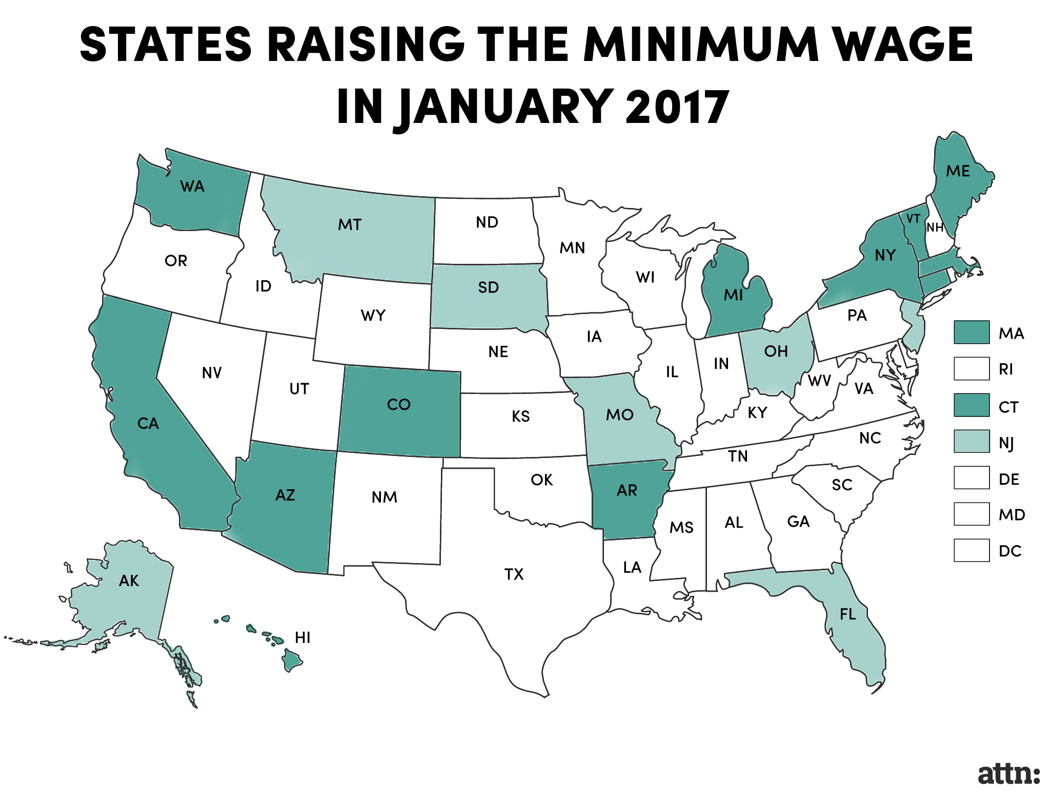 states raising min wage in jan 2017 map