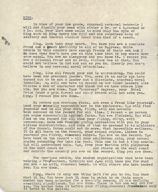 The "suicide letter" sent to Martin Luther King Jr. in 1964. 