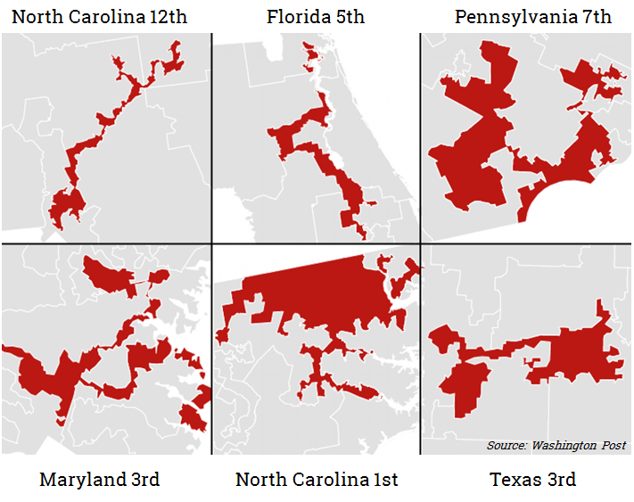North Carolina 12th, Florida 5th, Pennsylvania 7th, Maryland 3rd, North Carolina 1st, and Texas 3rd are 6 of the most gerrymandered congressional districts in the country