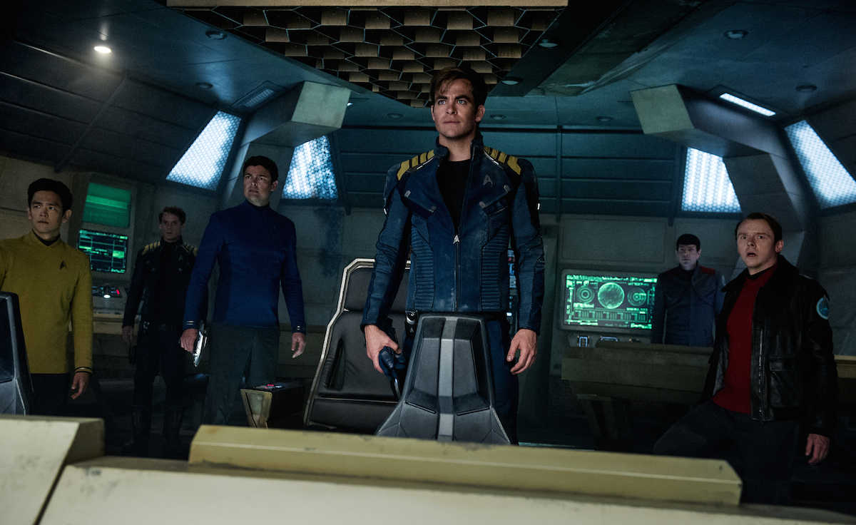The crew of the Enterprise with Sulu (John Cho) at left.