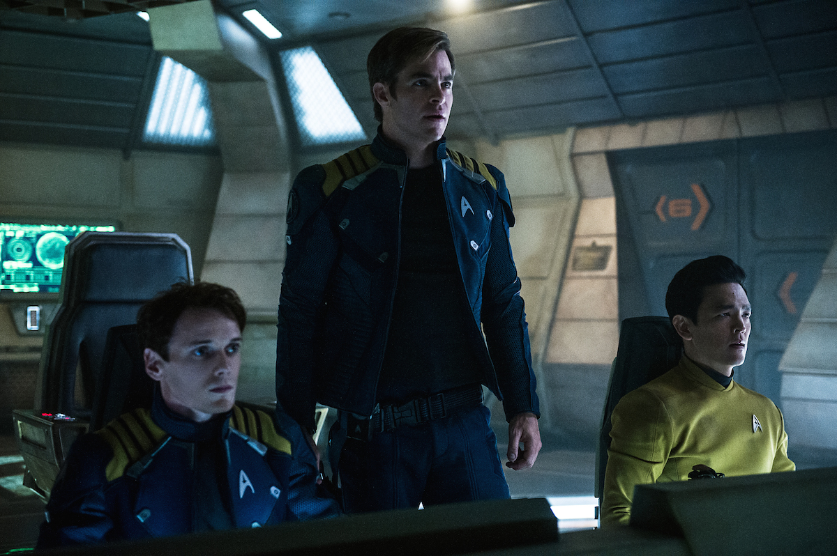 Sulu (John Cho) and Chekov (Anton Yelchin) at the helm for Captain Kirk (Chris Pine)