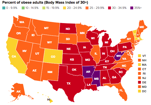 Obesity rates across US states since 1990