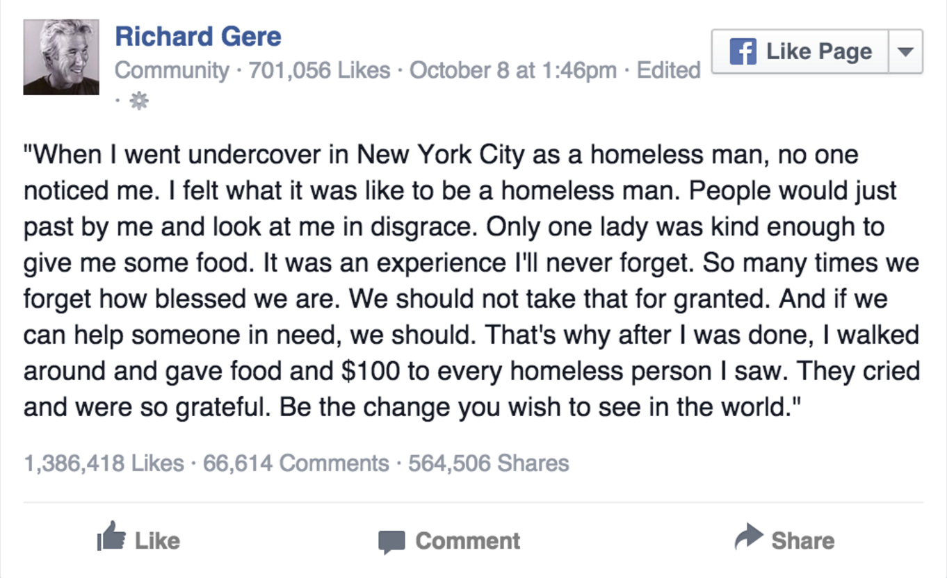 Richard Gere False Homeless Story
