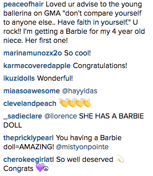 Misty Copeland Instagram comments on her Barbie