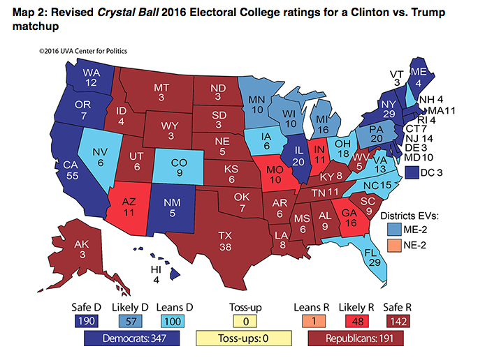  Revised Crystal Ball 2016 Electoral College ratings for a Clinton vs. Trump matchup