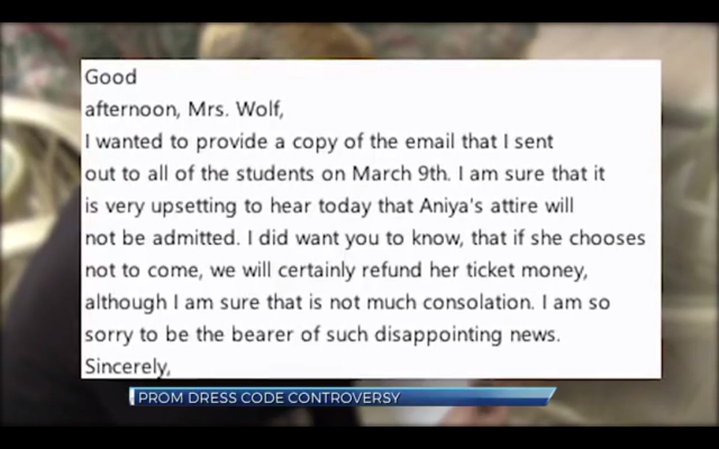 Letter sent to Aniya Wolf