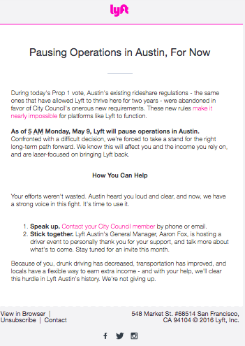 Screenshot of an email sent to a Lyft customer in Austin. 