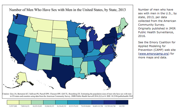 Number of men who have sex with men in the U.S., by state, 2013