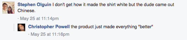 Facebook comments about the Chinese detergent ad. 