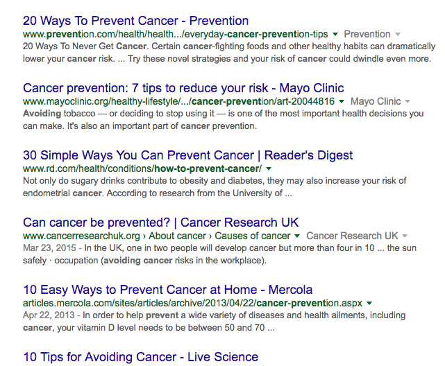 A google screenshot showing various cancer prevention tips