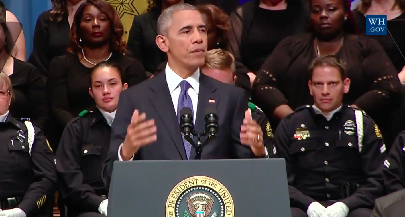 President Obama speaks at the memorial for five Dallas police officers. 