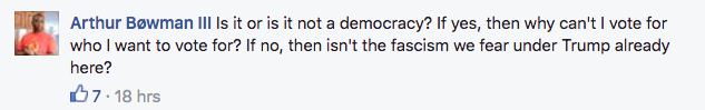 Facebook comments about minority voting. 