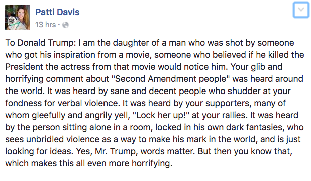 Patti Davis wrote a Facebook post about Donald Trump. 