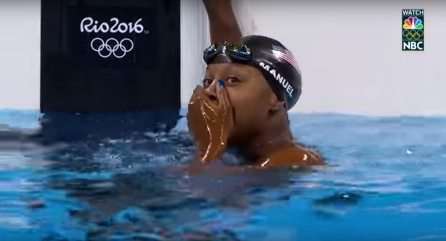"Simone Manuel makes swimming history with 100m free gold."
