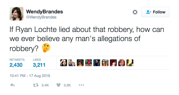 Wendy Brandes' tweet about Ryan Lochte. 