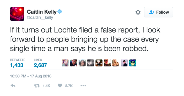 Caitlyn Kelly's tweet about Ryan Lochte. 