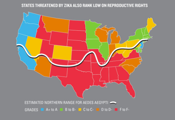 Map of at-risk Zika areas and state's with fewer reproductive rights. 