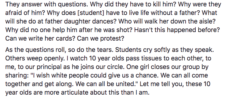 A teacher's Facebook post about her students' reactions to Terence Crutcher's death. 