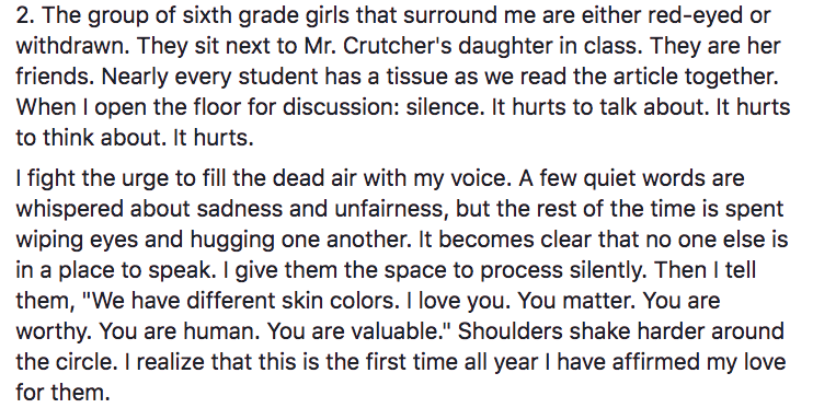 A Tulsa teacher's Facebook post about her students' reactions to Terence Crutcher's death. 