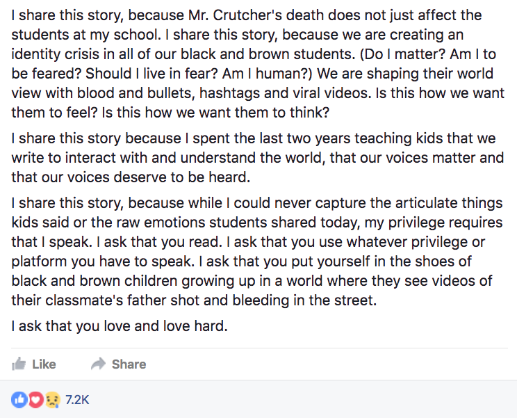 A Tulsa teacher wrote a Facebook post about her students' reactions to the death of Terence Crutcher. 