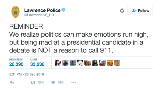 Police in Lawrence, Kansas tweeted about the presidential election. 
