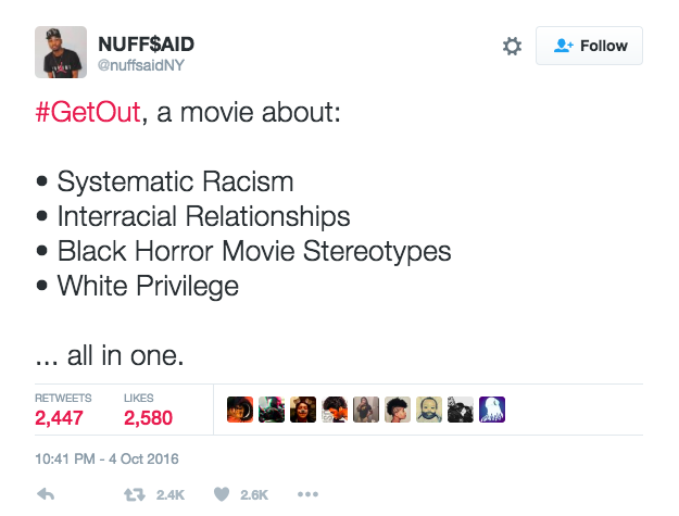 Tweet about the trailer for "Get Out." 