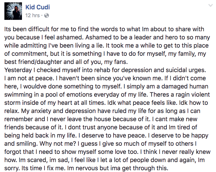 Kid Cudi's Facebook post about his treatment for depression. 