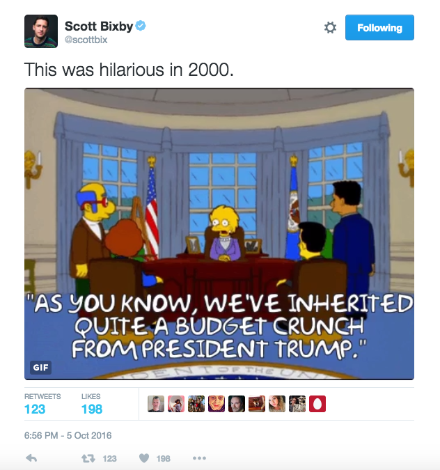 Scott Bixby's tweet about the Simpsons. 