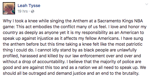 Facebook post about the national anthem protest. 
