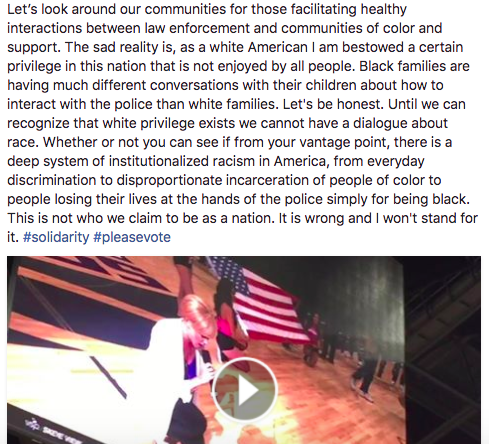 Facebook post about the national anthem protest. 