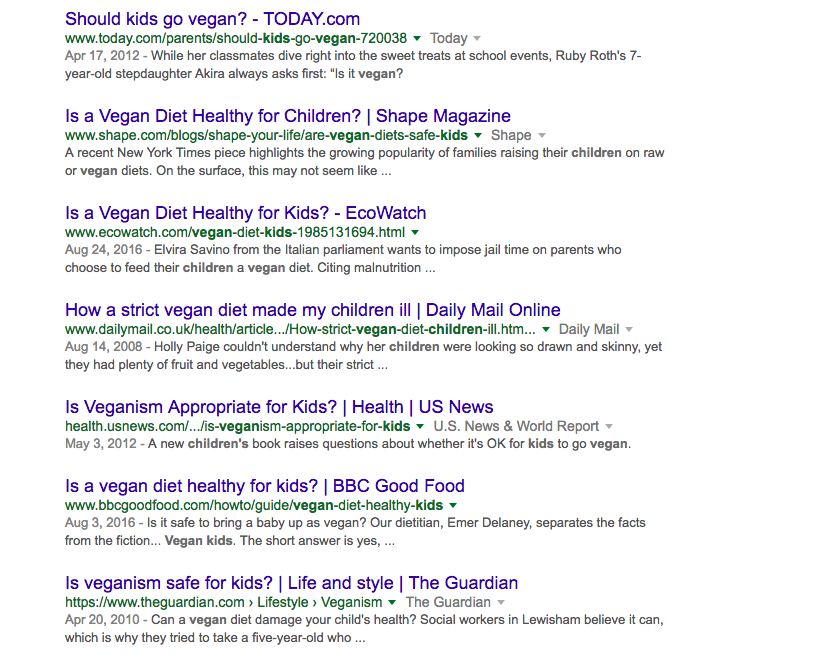 vegan kids google search results