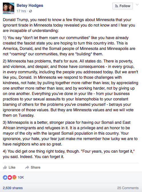 Mayor Betsy Hodges Facebook post