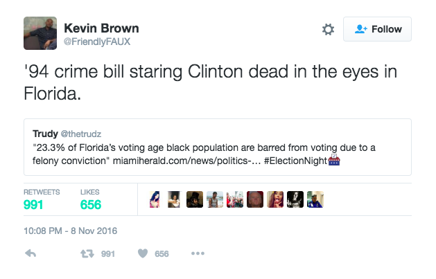 Tweet about the crime bill and Florida voters. 