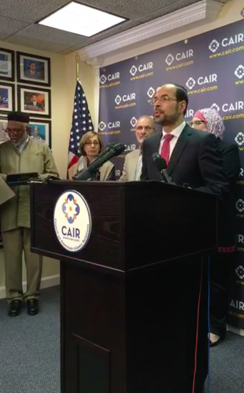 Nihad Awad speaks at the CAIR press conference. 