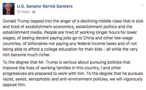 Bernie Sanders Facebook post
