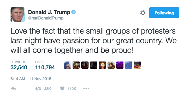 Donald Trump tweets about protesters the next morning. 