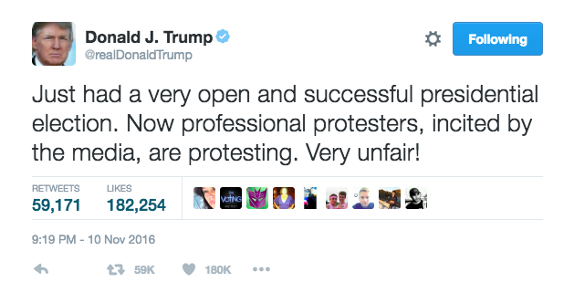 Donald Trump tweets about protesters. 