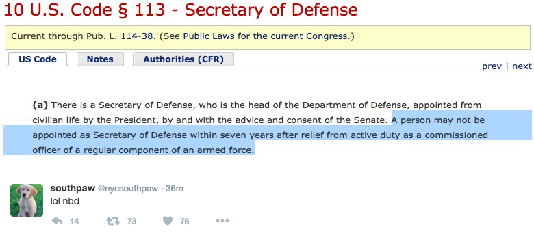 Federal law on secretary of defense appointments. 