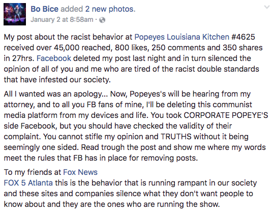 Bo Bice's Facebook post about racism. 