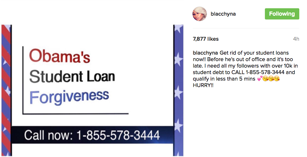 Blac Chyna's Instagram post about "Obama's Student Loan Forgiveness." 